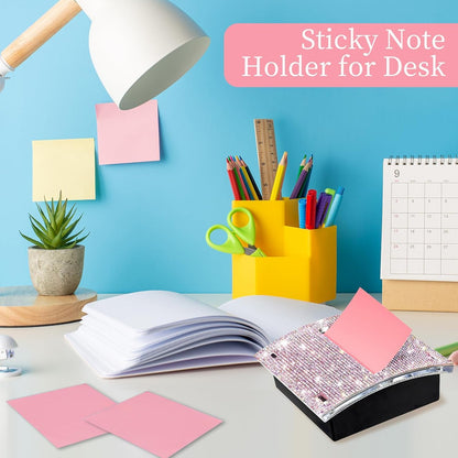 Rhinestone Self Sticky Note Holder Post it Note Dispenser Pop-Up Sticky Notes Dispenser 4 x 4 inch Post it Dispenser for Office Desk Accessories(Pink)