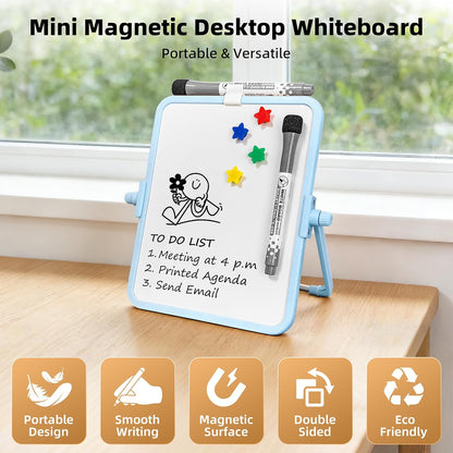 Colorful Dry Erase White Board 8.3x11in, Magnetic Desktop Board with Stand, 2 Markers (Eraser Head), 4 Magnets - Double-Sided Easel for Daily Planning, Memo, Office/Home/School (Blue)