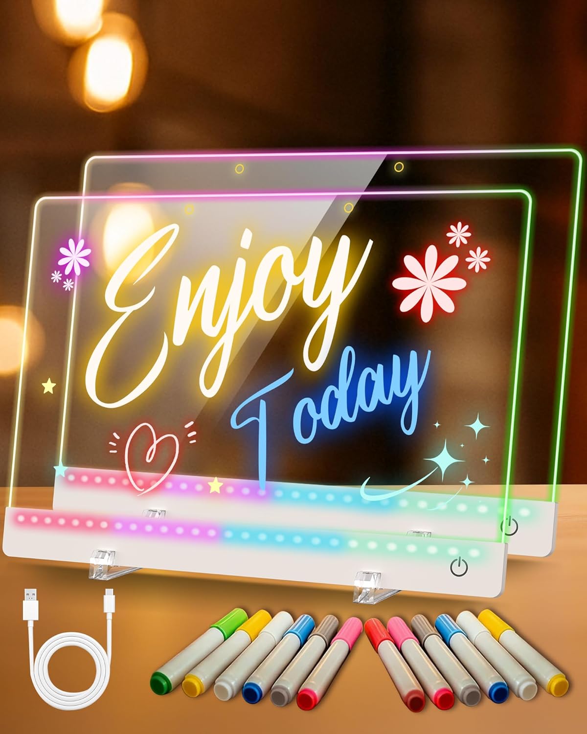 Rechargeable LED Drawing Board for Kids, 17-Inch Glow Doodle Drawing Pad with 7 Colors & 4 Light Modes, Neon Light Up Acrylic Dry Erase Note Board with Stand, Hanging Chain, 12 Markers, 2 Pack