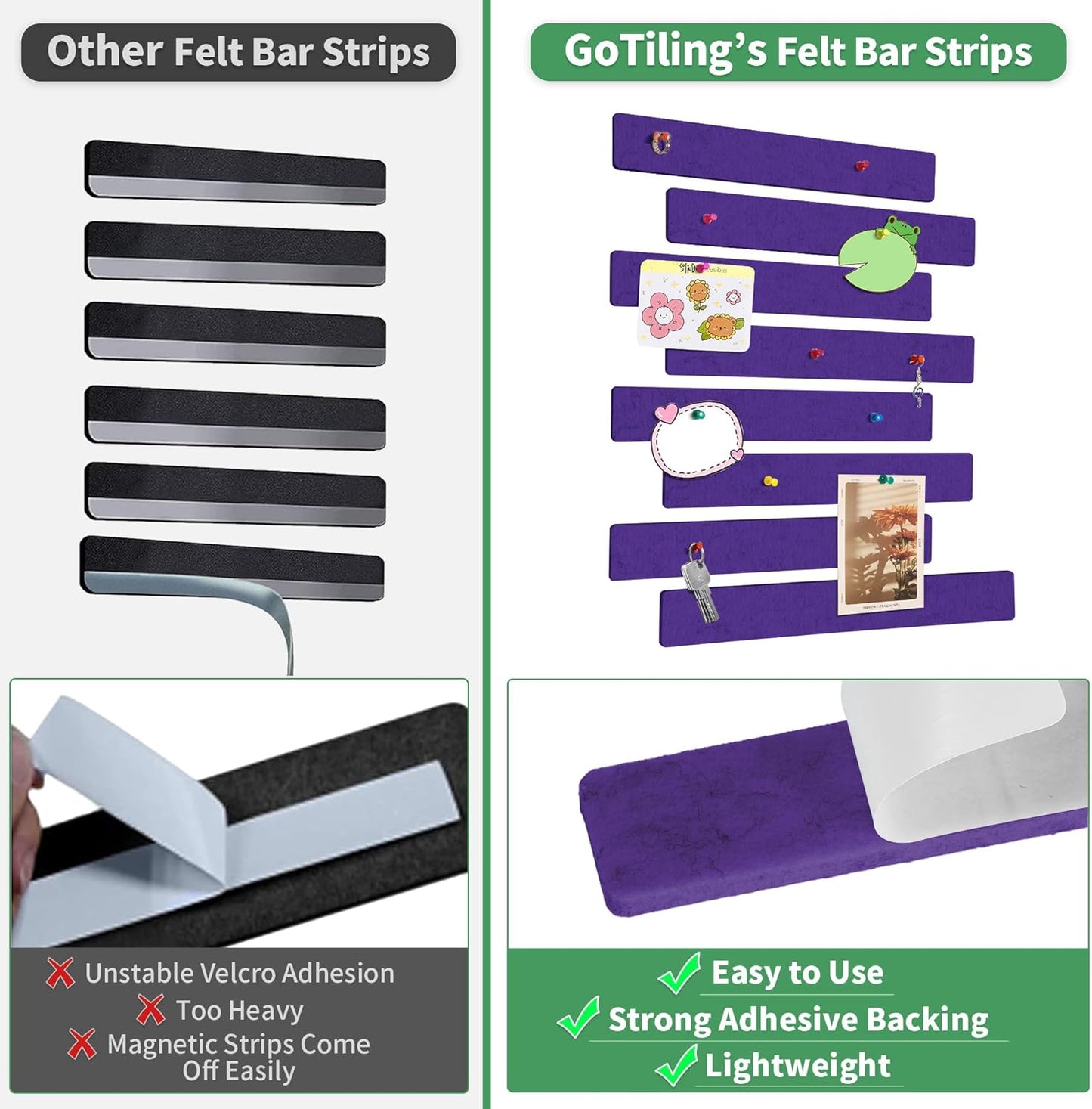 Cork Board for Walls - 8 Pack Felt Pin Board Bar Strips - Self-Adhesive Lightweight Bulletin Board - Cork Board for Office with 40 Push Pins No Damage for Wall