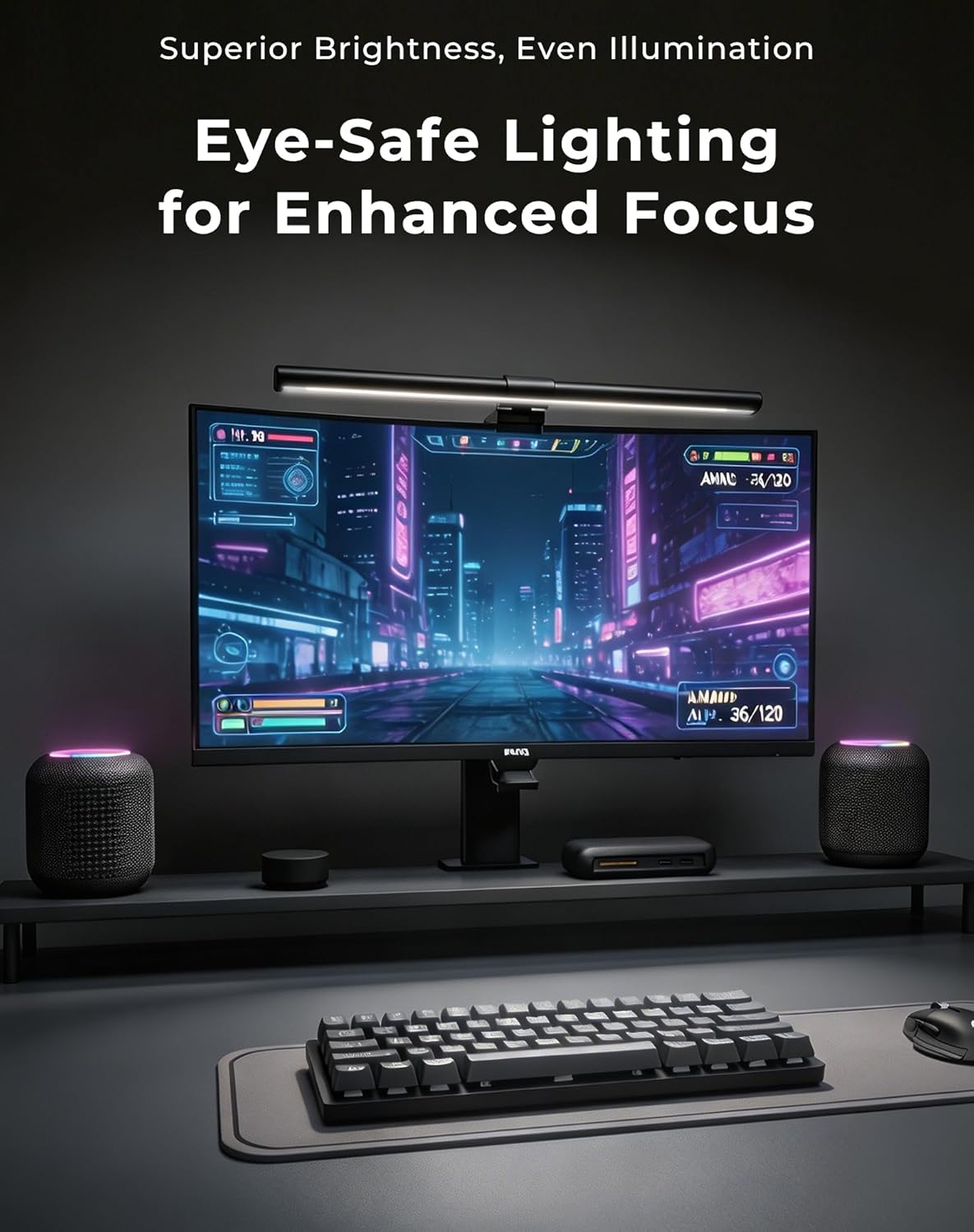 RGB Monitor Light Bar with Wireless Remote, Dual-Source Gaming Computer Lamp for Curved & Flat Monitors (0.39"-1.18"), Ambient Backlight, Stepless Dimming (Ra95), No Glare Desk Setup