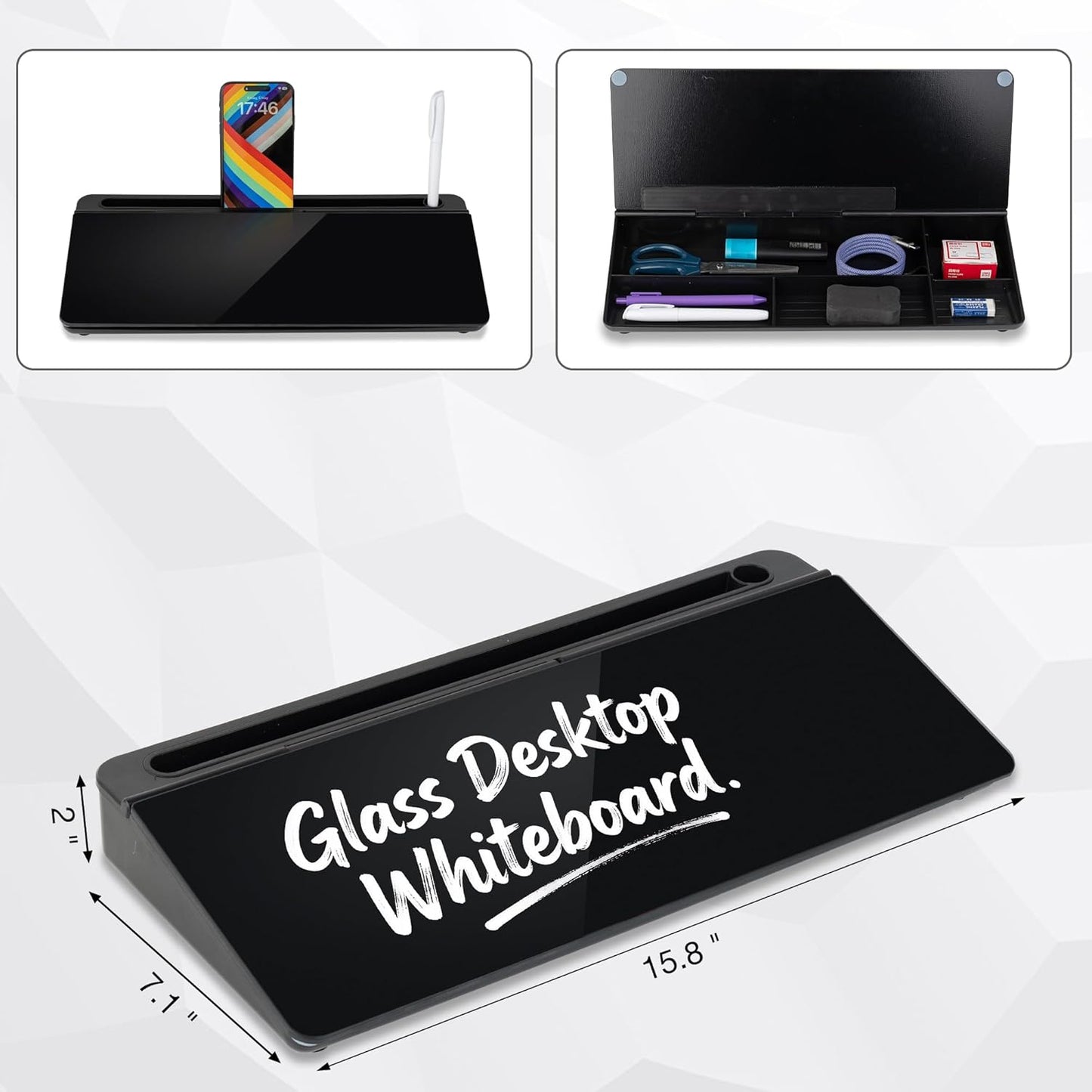 Glass Desktop Whiteboard 15.8×7”, Dry Erase Note Memo Board, Desk Organizer with Storage for Office, Home, Study, Black