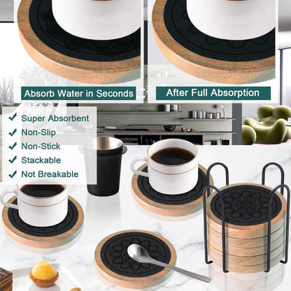 Wood Coasters for Drinks, Minacun Absorbent Coaster Sets of 5, Drinks Coasters for Coffee Tabletop Protection, Non-Slip, Non-Stick, Suitable for Kinds of Cups Wooden Table Drink, 4.3 Inches Black