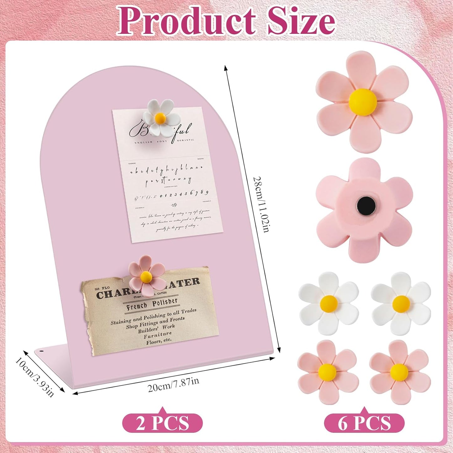 2 Pcs Magnet Display Stand with 6 Flower Magnets, 11 x 8 in Magnetic Display Board for Home Office School Kitchen Table Supplies (Pink)