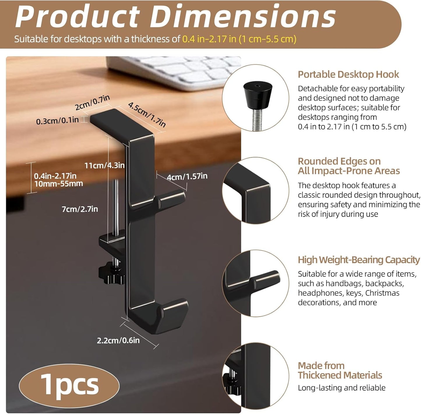 Desk Mount Bag Holder Hook Clamp,On Backpack Hanger Portable Desk Mount Headphones Holder for Reduce Desk Clutter Table Desk Table Hanging Storage (1 Pcs-Double Hook White)