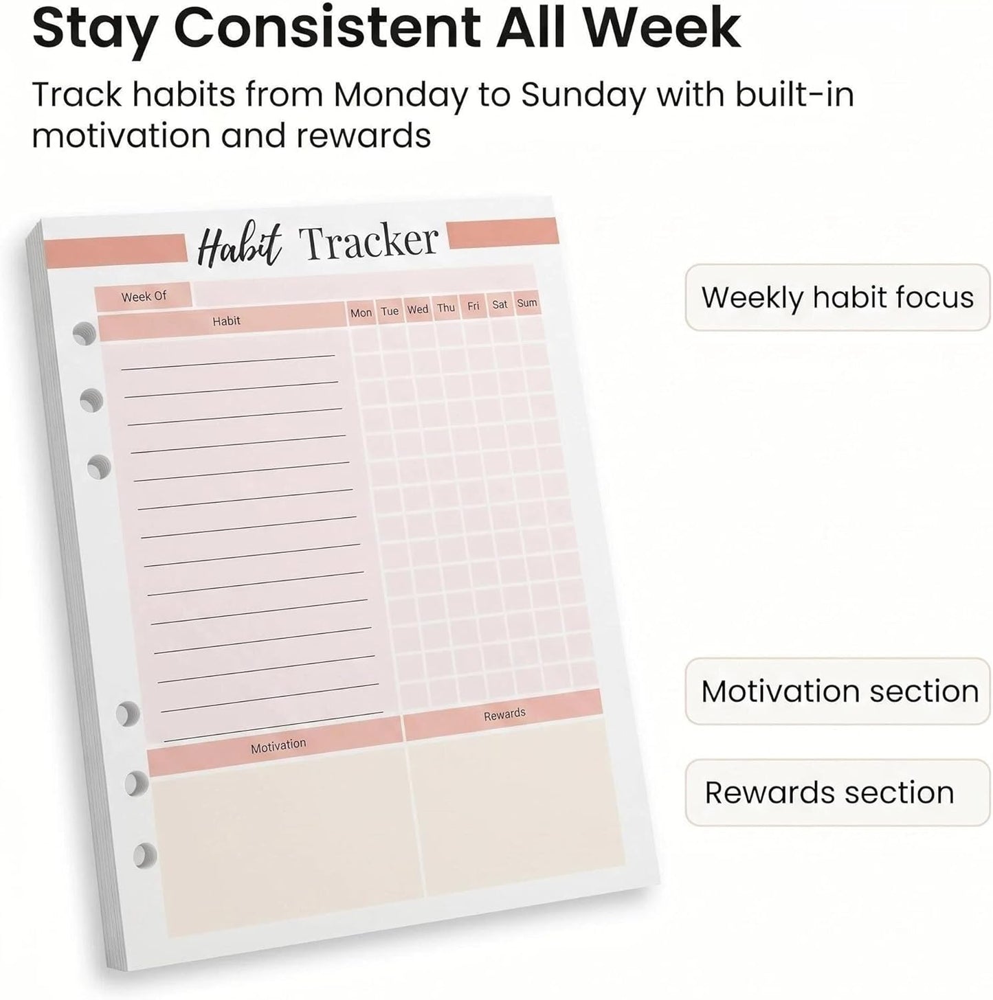A5 Weekly Habit Tracker Inserts - Motivation & Rewards Pages for Weekly Goals and Consistency, Double-Sided 6-Hole Refill for A5 Binders, 50 Sheets, 100 Pages