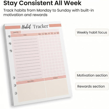 A5 Weekly Habit Tracker Inserts - Motivation & Rewards Pages for Weekly Goals and Consistency, Double-Sided 6-Hole Refill for A5 Binders, 50 Sheets, 100 Pages