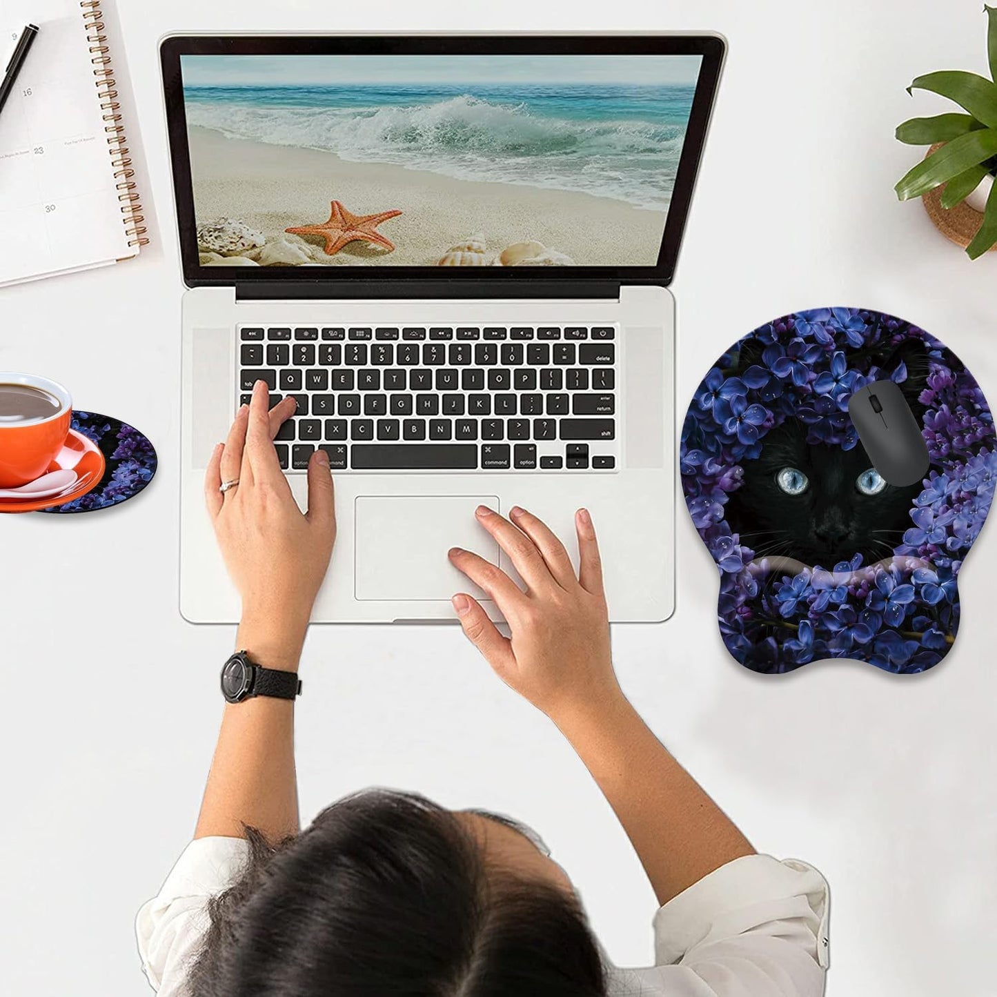 Mouse Wrist Rest and Keyboard Wrist Rest Pad Set, Non-Slip Rubber Base Smooth Surface Ergonomic Gaming Mouse Pad for Easy Typing and Pain Relief, Antique Blue Wood Grain Dog Paw + Coaster