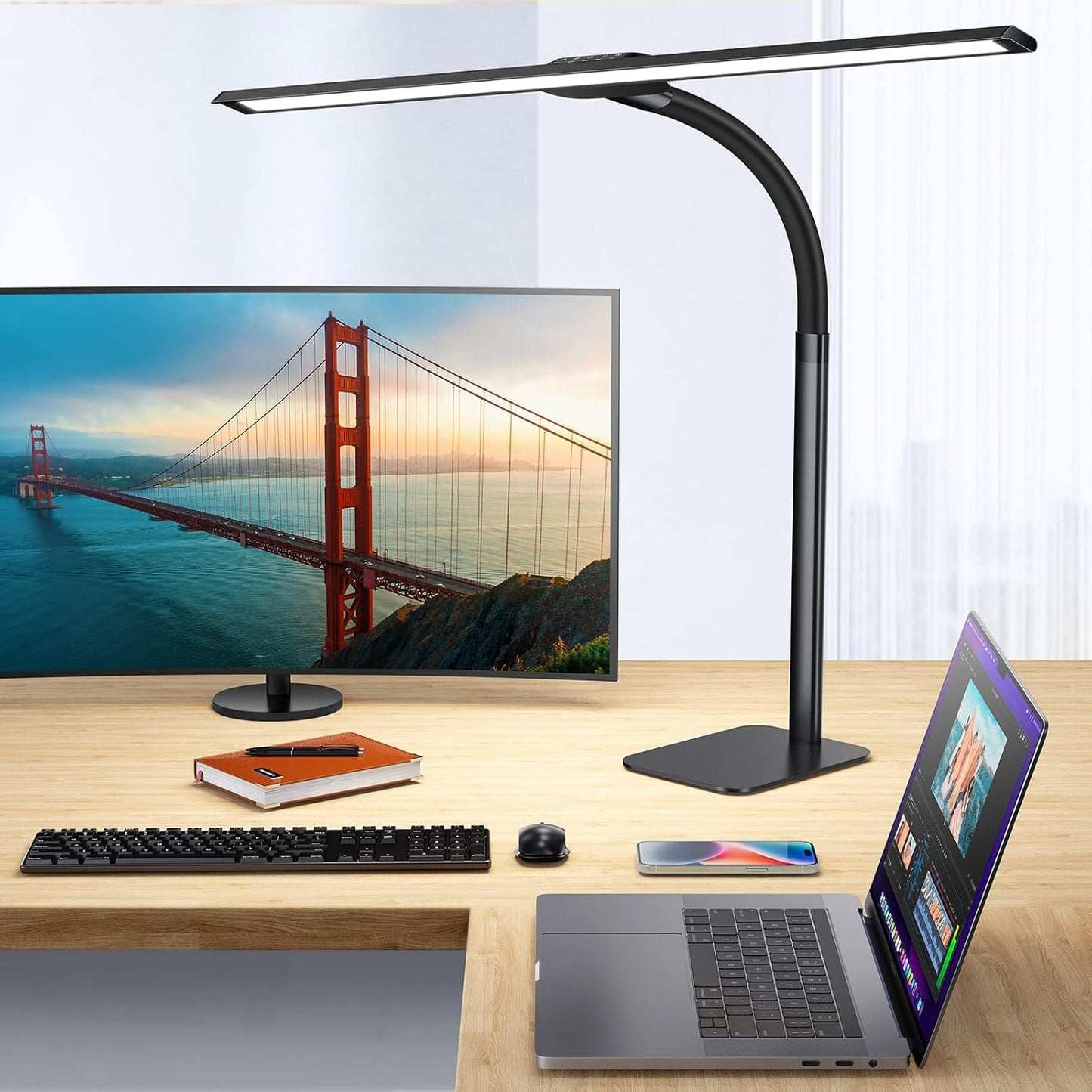 Desk Lamp with USB Charging Port for Home Office 24w Architect Remote Base Dual Task Led Light Modern 5 Color Modes Dimmable Adjustable Gooseneck Double Head Reading Drafting Eye Caring Tall Lamps