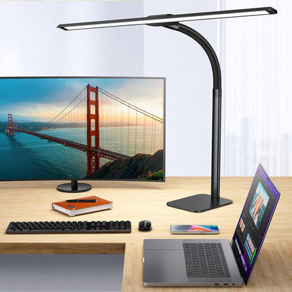 Desk Lamp with USB Charging Port for Home Office 24w Architect Remote Base Dual Task Led Light Modern 5 Color Modes Dimmable Adjustable Gooseneck Double Head Reading Drafting Eye Caring Tall Lamps