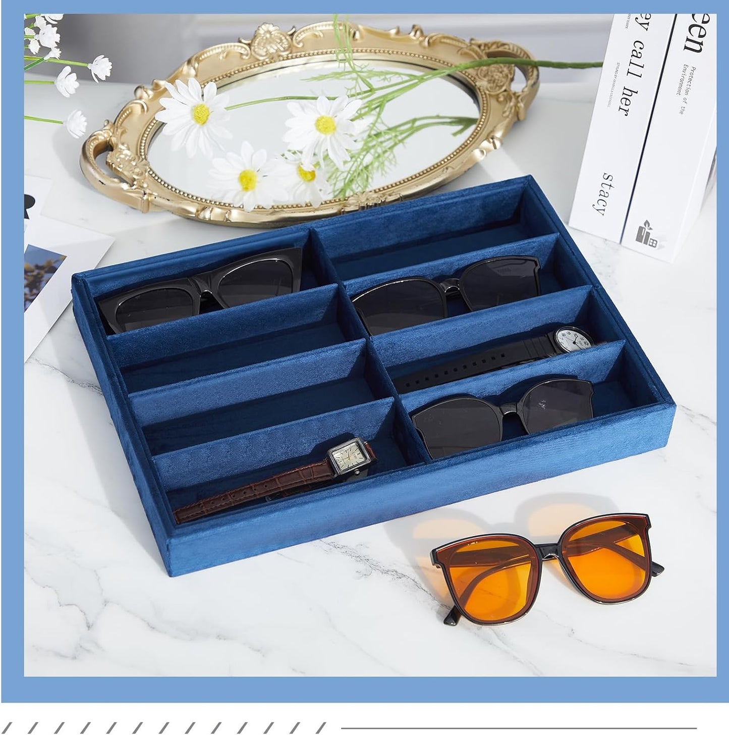 Amylove 2 Pcs Sunglass Organizer Trays Glasses Stackable Jewelry Trays Sunglass Organizer Display Box(8 Grids,Beige)