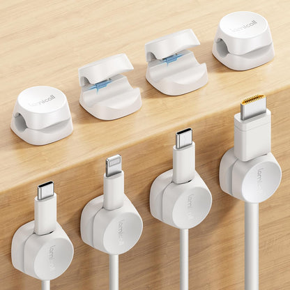Lamicall 8 Pack Cord Organizer, [1s Lock] Spring Cable Management Clips - Adhesive Phone Cord Holder Clips for Nightstand Desk Car Office Home College Dorm Room, Desk Organizer Accessories, White