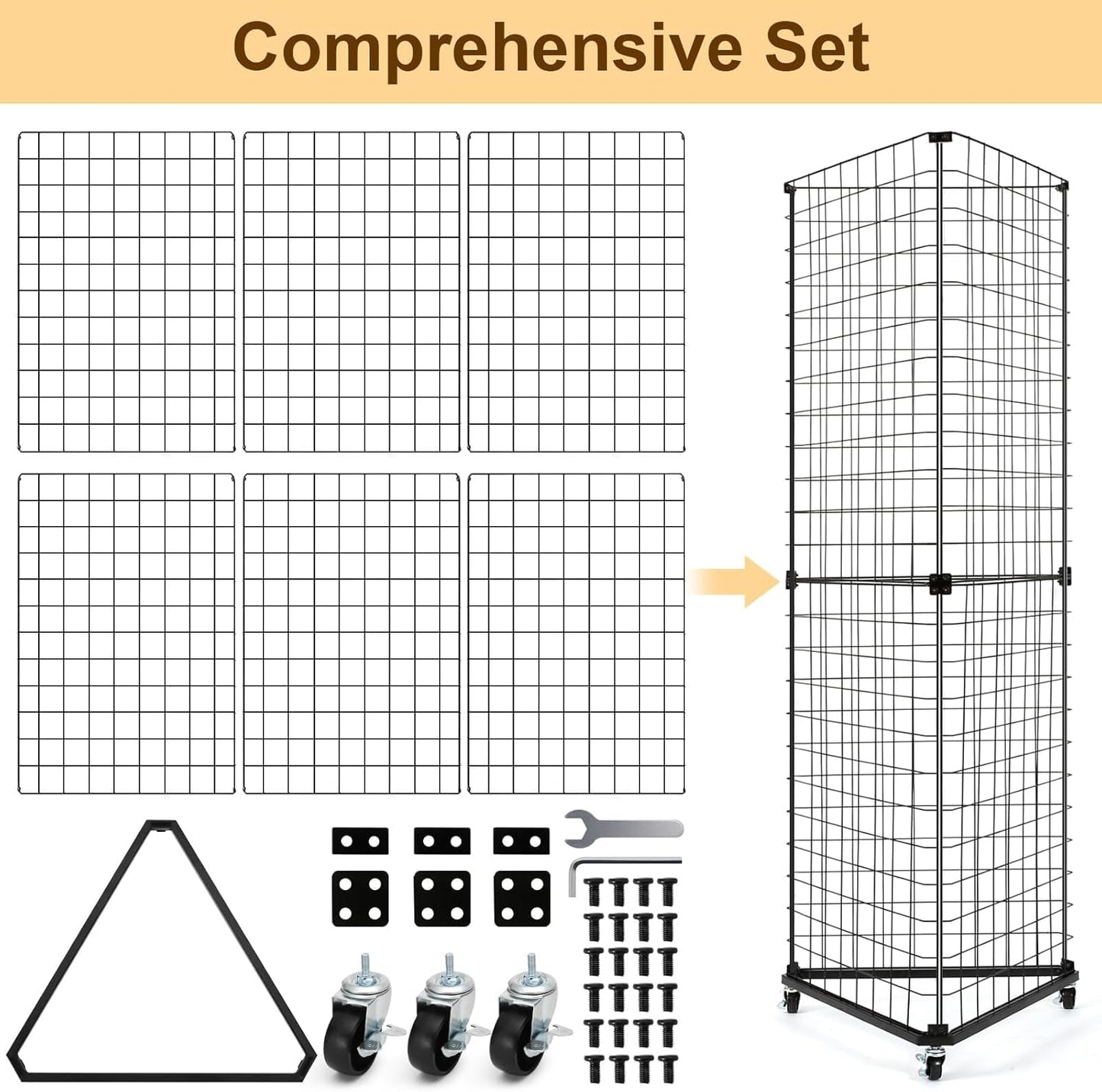 GADFISH Triangular Gridwall Panel Display Stand, Black Triangle Wire Grid Tower with Base and Casters, 24" x 68" Rolling Grid Wall, Panel Stand for Home Organization, Retail, Trade Show, Vendor