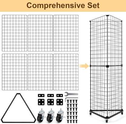 GADFISH Triangular Gridwall Panel Display Stand, Black Triangle Wire Grid Tower with Base and Casters, 24" x 68" Rolling Grid Wall, Panel Stand for Home Organization, Retail, Trade Show, Vendor