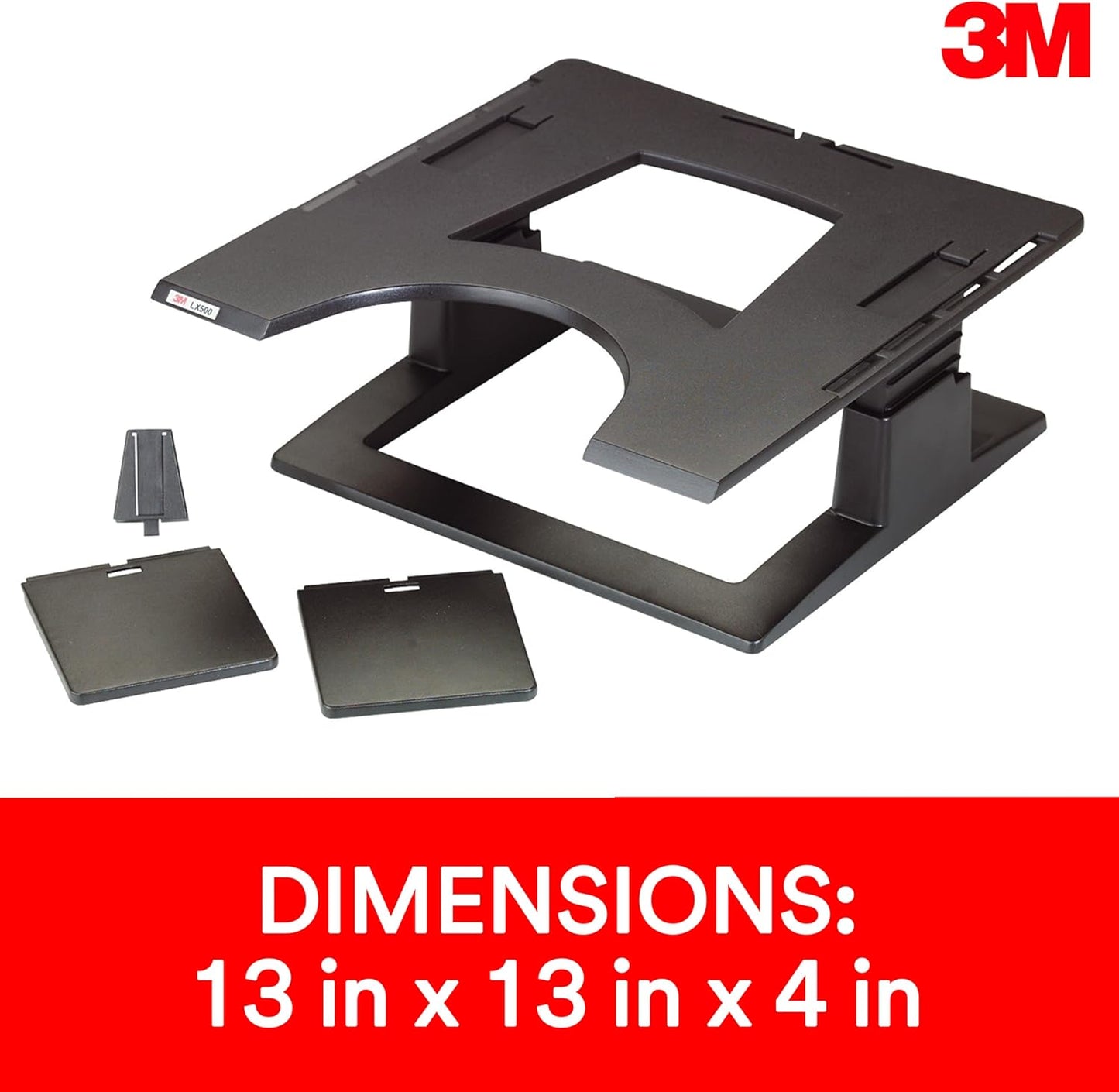 3M Adjustable Laptop Stand, Raise Screen Height to Reduce Neck Strain, 3" Height Adjustment, Large Platform for Docking Station, Non-Skid Base Keeps Laptop Secure, Cable Management, Black (LX500)