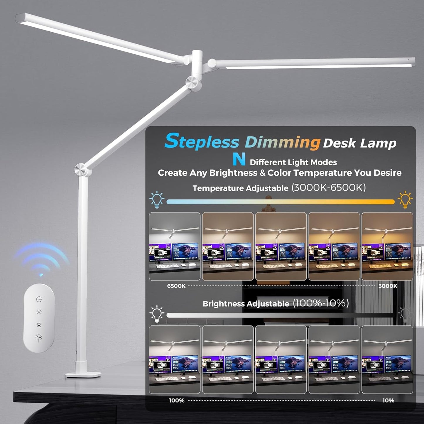 Airlonv LED Desk Lamp for Office Home, Eye-Caring Desk Light with Stepless Dimming Adjustable Flexible Gooseneck, 10W USB Adapter Desk Lamp with Clamp for Reading, Study, Workbench (Black)