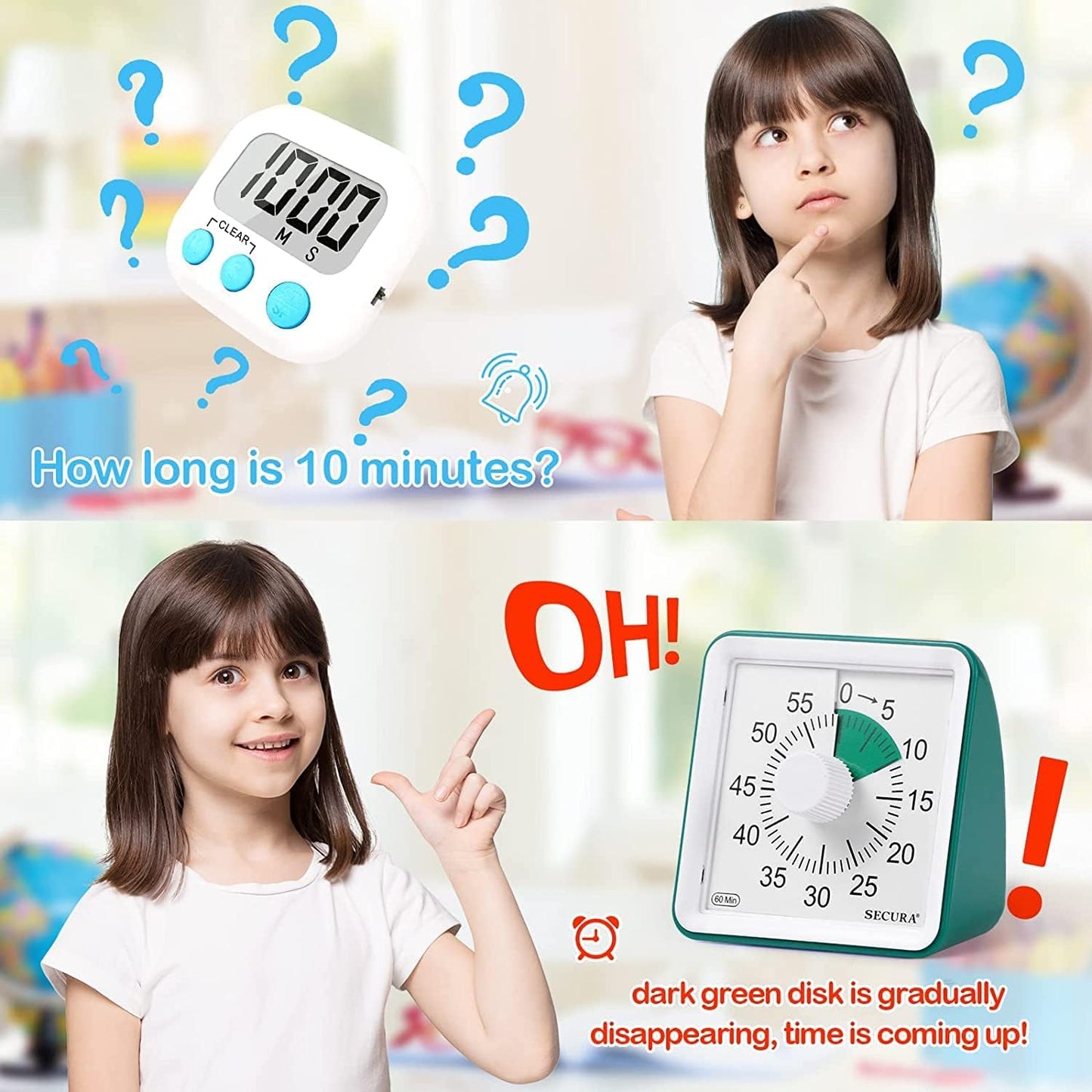 Secura 60-Minute Visual Timer, Classroom Timer, Countdown Timer for Kids and Adults, Time Management Tool for Teaching (Blue & Blue)