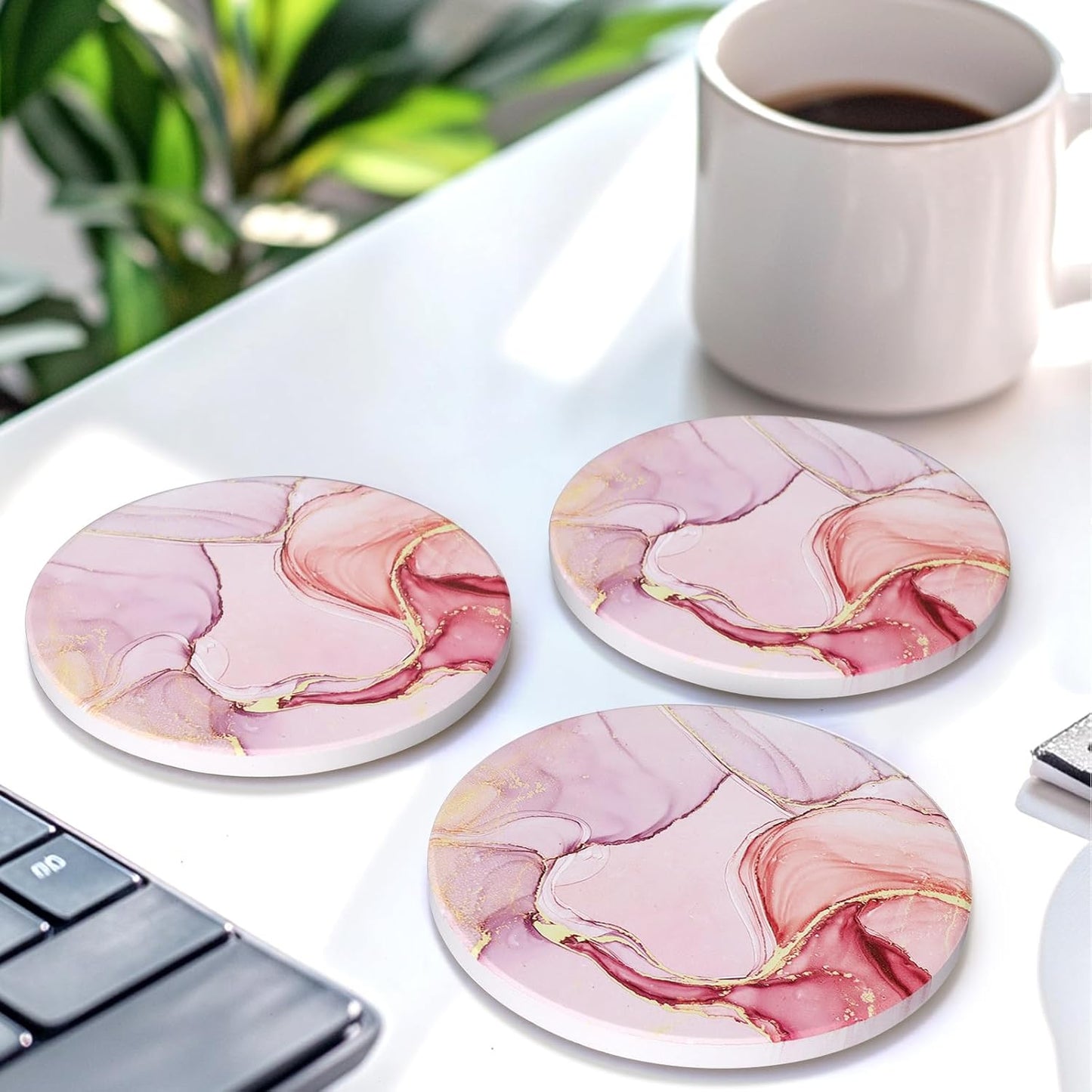Coasters Set of 6, Navy Blue Marble Abstract Round Ceramic Coasters with Holder, Best Absorbent Drink Coaster Set, Coffee Table Decor for Home Decor House Warming Gifts New Home