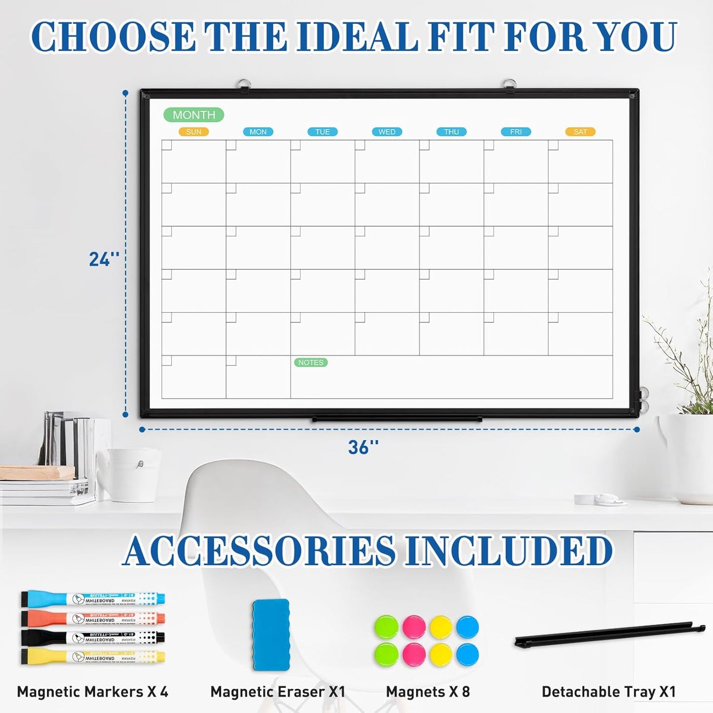 WALGLASS Weekly Dry Erase Calendar Whiteboard for Wall, 24" x 18" Double-Sided Weekly Planner White Board with Notes, Daily Tracker, Aluminum Framed Hanging & Wall Mount for Home, Office, School