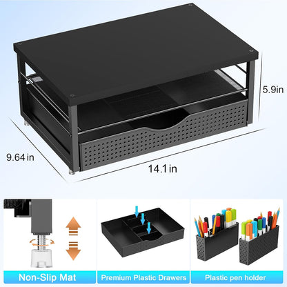 gianotter Monitor Stand Riser, Office Desk Shelf Organizer, Desk Organizer with Drawer and Pen Holder, 2-Tier Computer Stand, Office Organization (Ink)