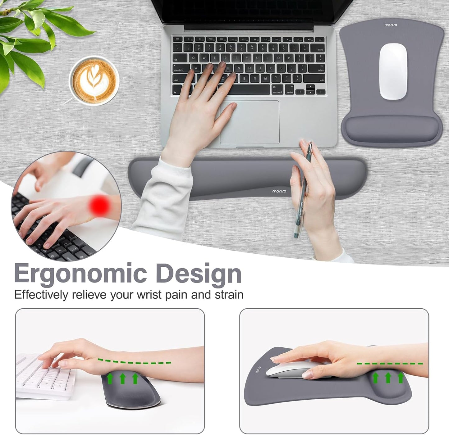 MOSISO Wrist Rest Support for Mouse Pad & Keyboard Set, Ergonomic Mousepad Non-Slip Base Home/Office Pain Relief & Easy Typing Cushion with Neoprene Cloth & Raised Memory Foam, Black