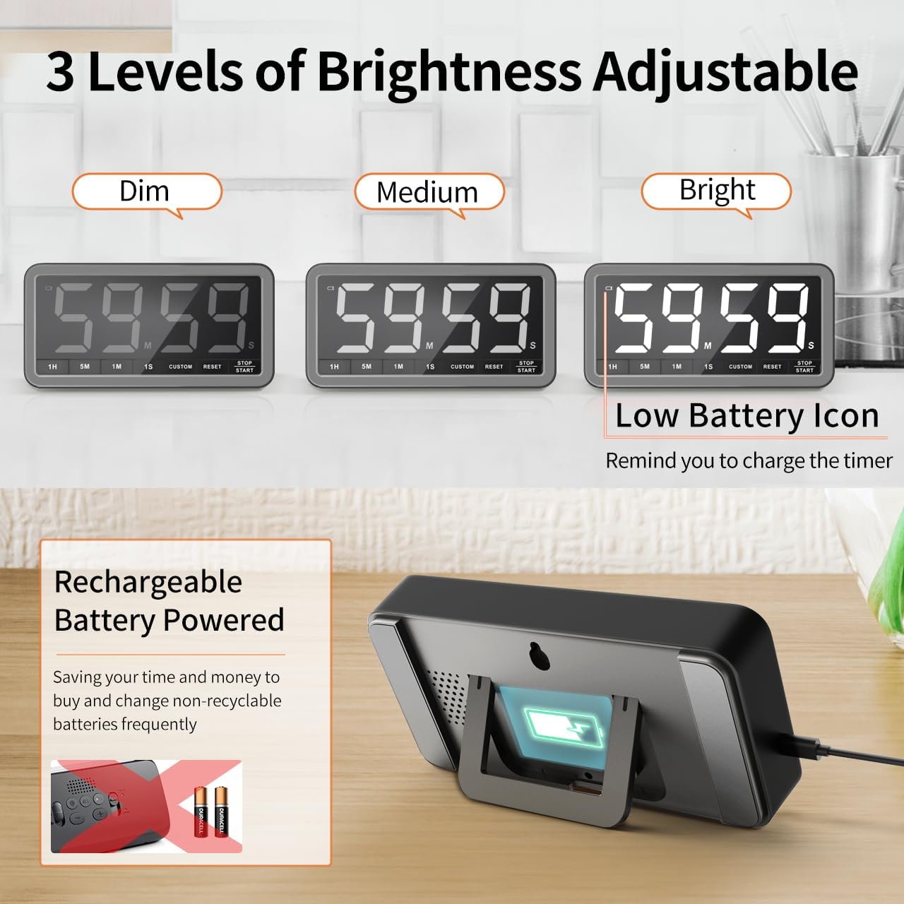 VOCOO Digital Kitchen Timer with 7.8” Extra Large Display, Magnetic LED, with 3 Brightness, 4 Alarms and 3 Volume Levels, Battery Powered Countdown Count Up Timer for Cooking, Classroom, Home Gym