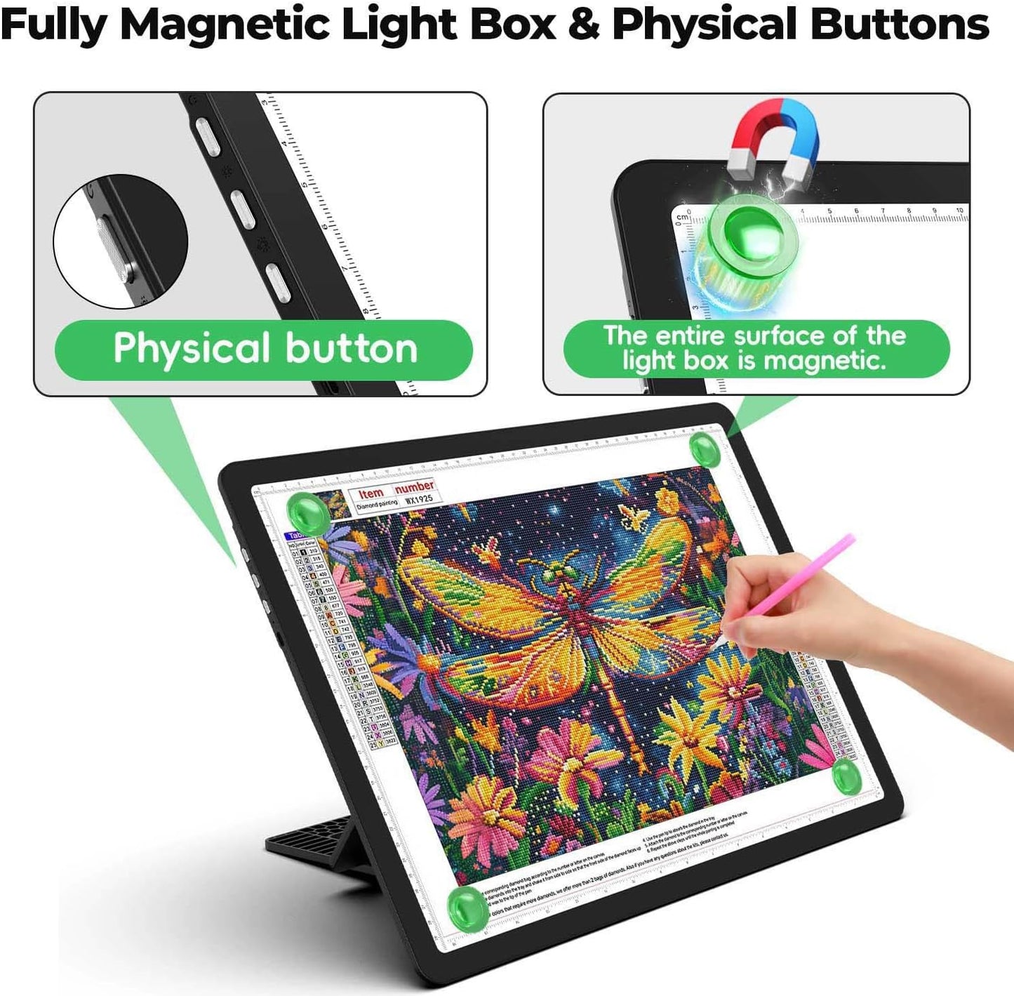 Zocelight Rechargeable A3 Light Board with Built-in Stand & Bag,Super Bright Magnetic Light Box for Tracing,Wireless Light Pad for Diamond Painting,Side Buttons,LED Light Table for Drawing,Sketching