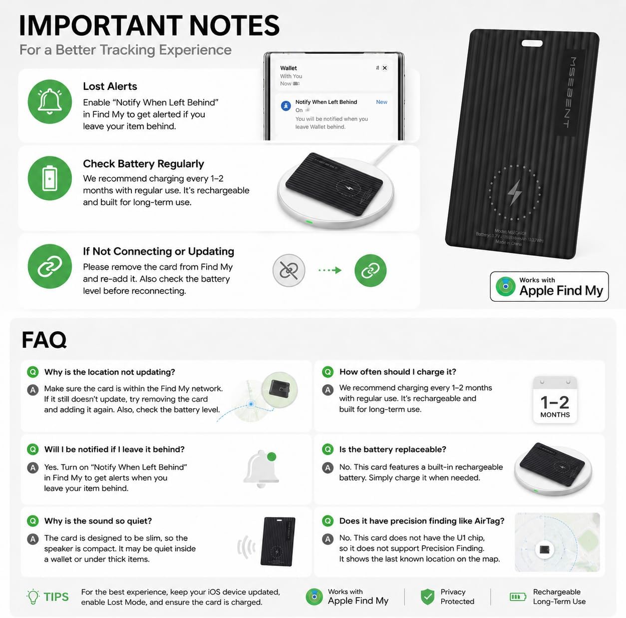 Wallet Tracker Card, Apple MFi Certified, Works with Apple Find My (iOS Only), Rechargeable Wireless Charging Slim Bluetooth Smart Tracking Card, Item Finder for Key, Passport, Luggage, Bag