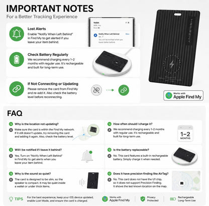 Wallet Tracker Card, Apple MFi Certified, Works with Apple Find My (iOS Only), Rechargeable Wireless Charging Slim Bluetooth Smart Tracking Card, Item Finder for Key, Passport, Luggage, Bag