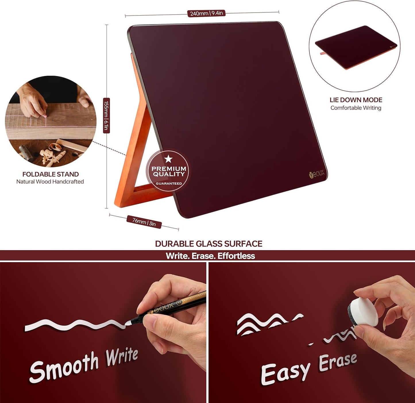 YEOUX Glass Desk Whiteboard with Reversible Wood Stand, Desktop Small White Board, Reusable Mini Dry Erase Board 6.7"x9.5" for Office, Home, School, Marker&Eraser Included