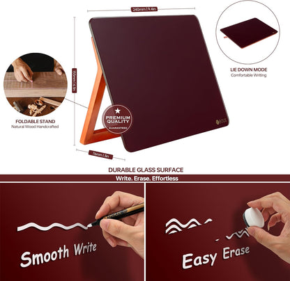 YEOUX Glass Desk Whiteboard with Reversible Wood Stand, Desktop Small White Board, Reusable Mini Dry Erase Board 6.7"x9.5" for Office, Home, School, Marker&Eraser Included