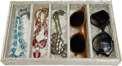 AgentMoon 5-Compartment Velvet Sunglasses & Jewelry Organizer Tray – Adjustable Dividers, Sturdy Wood, Non-Slip Storage for Watches, Glasses, Bracelets, Desk or Drawer.(Tabby Red)