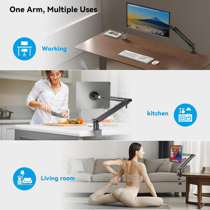 Portable Monitor Stand Large Clamp - Heavy Duty Aluminum Body supports up to 4.4 lbs 16" 17.3" 18.5 inch 360° Rotating Base Swivel Foldable Desk Stand for iPad Holder Tablet Mount for Kitchen/Travel