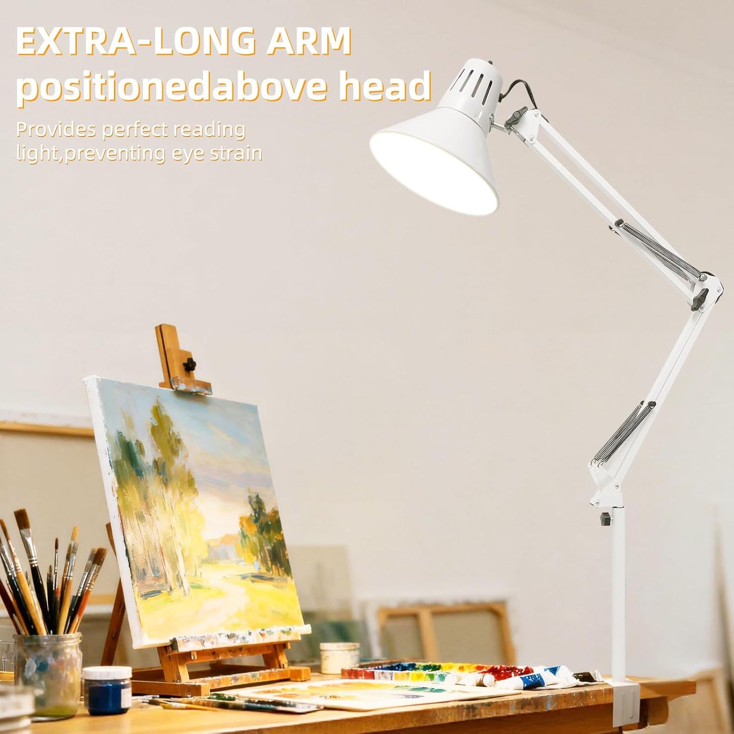 Desk Lamp With Clamp for Home Office, Eye-Caring Clip on Light with Adjustable Extra Tall Metal Swing Arm, High Intensity Clamp Lamp w/LED Bulb, Architect Task Table Lamps for Study, Workbench-B/5000k