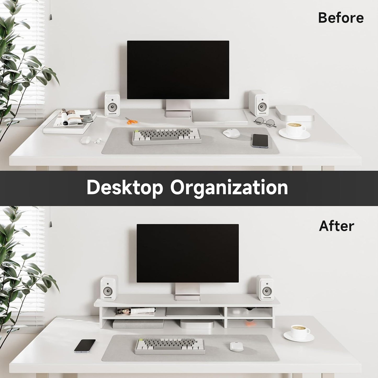 Fenge Monitor Stand, Dual Monitor Riser, 42.5inch Large Desk Computer Monitor Stand Riser with Drawer, 2 Tier Wood & Acrylic Desktop Organizer for Computer, Laptop, Printer, TV Screen Riser