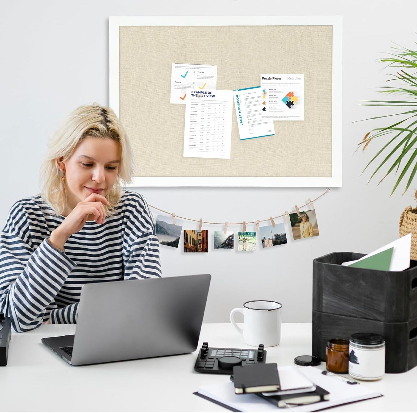DOLLAR BOSS Bulletin Boards with Linen 1-Pack 16''X 12'' Double-Sided Cork Board for Walls Wood Framed Bulletin Boards, Small Pin Board for Home Kitchen Office Decorative Hanging 10 Pushpins