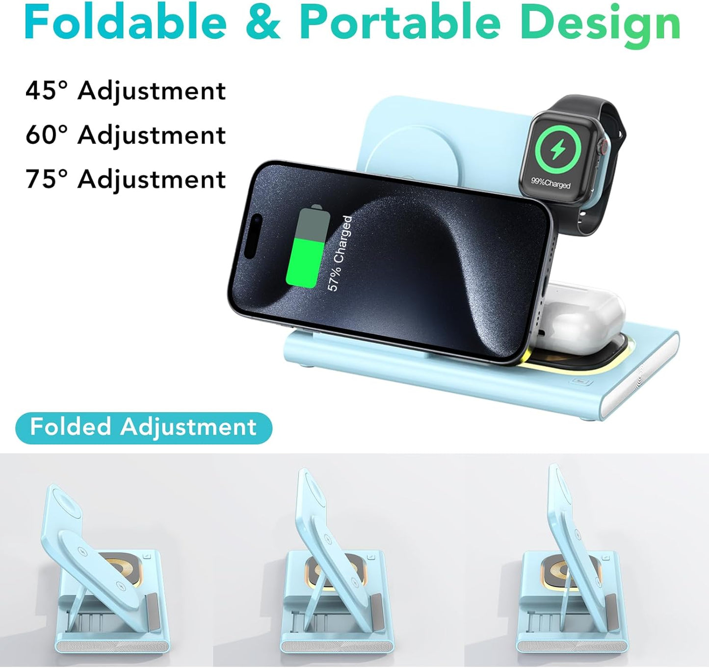 3 in 1 Foldable Charging Station for Apple Products,Wireless Charger for iPhone 17 16 15 14 13 12 Pro Max,Travel Dock Adapter&Light for iWatch Series 11 10 9 Ultra 3/2 SE 3/2,for AirPods 4 3 2 Pro 3/2