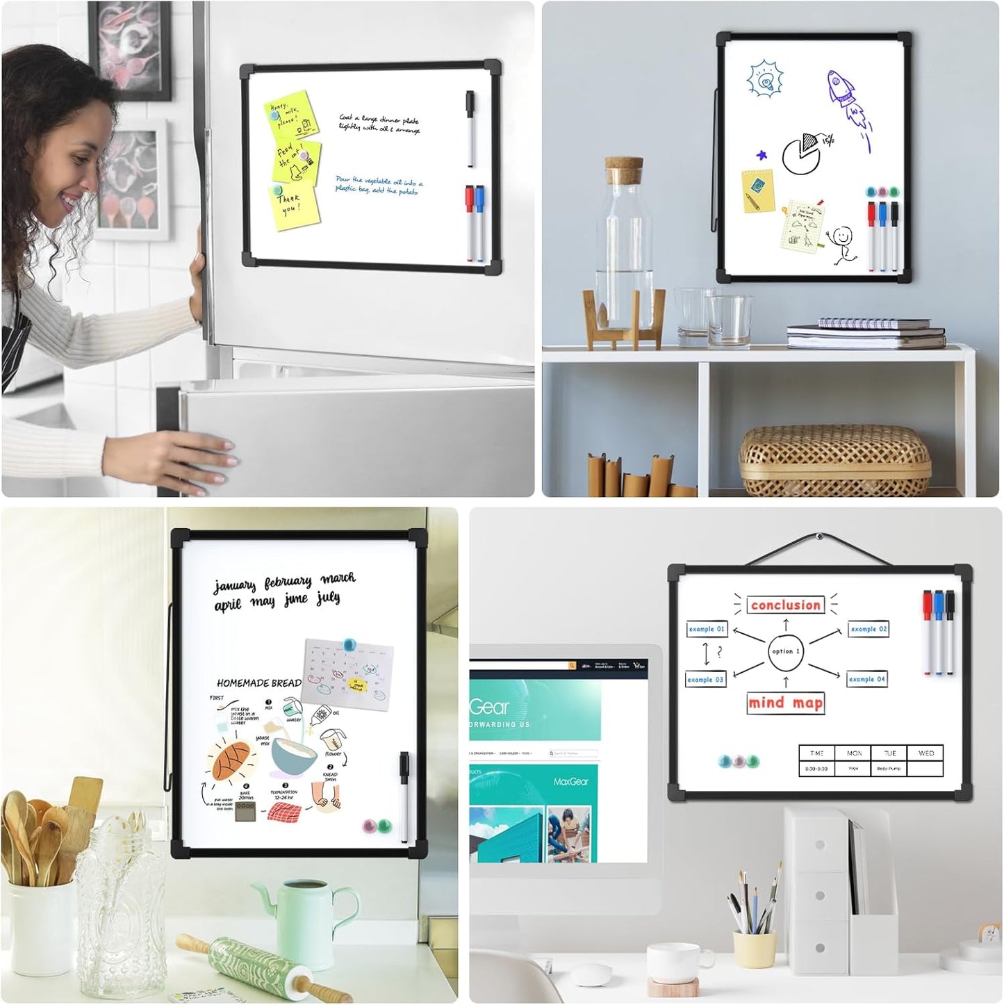 MaxGear Double-Sided Dry Erase Board for Wall, 16"x12" Hanging Whiteboard, Small Dry Erase White Board with 3 Markers and 4 Magnets, Portable Whiteboard for Planning, Drawing, Memo, to Do List