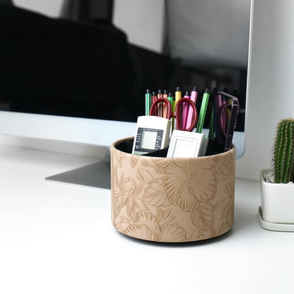 Round Leather Art Supply Organizer,Remote Control Holder,360 Degree Rotating,Multi-Functional Pencil Holder,4 Compartments Desktop Stationary Organizer(1-Fractal Flower) | Round - Colors C
