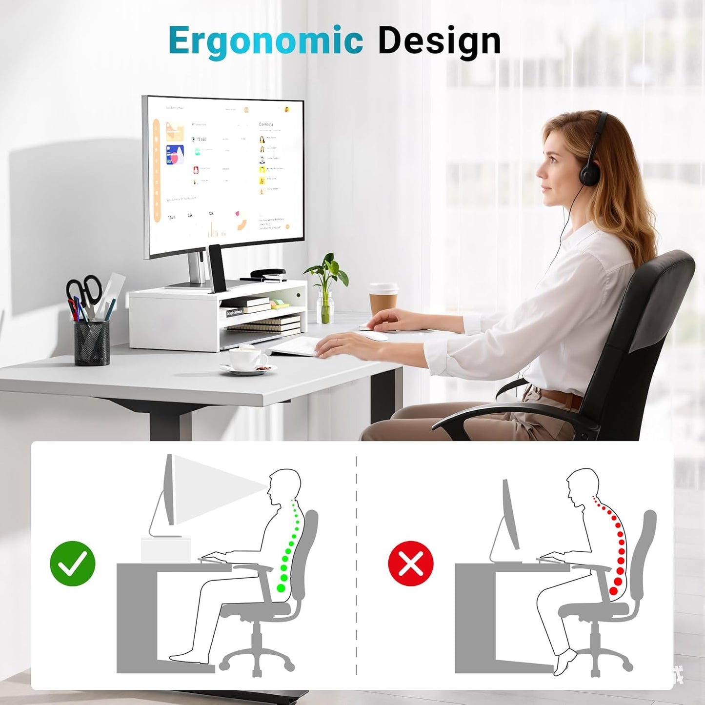 BONTEC Wooden Monitor Stand Riser for Desk, 2-Tier Computer Monitor Stand with Storage, 66 lbs Desk Shelf Organizer, Laptop & Printer Stand with Phone Holder and Cable Management, White, 16.5 Inch