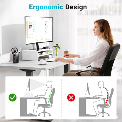 BONTEC Wooden Monitor Stand Riser for Desk, 2-Tier Computer Monitor Stand with Storage, 66 lbs Desk Shelf Organizer, Laptop & Printer Stand with Phone Holder and Cable Management, White, 16.5 Inch