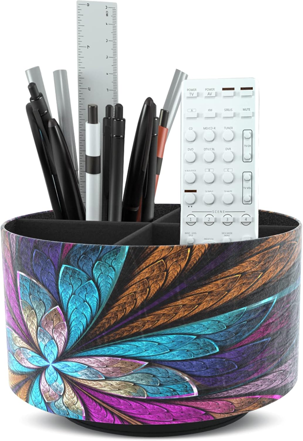 Round Leather Art Supply Organizer,Remote Control Holder,360 Degree Rotating,Multi-Functional Pencil Holder,4 Compartments Desktop Stationary Organizer(1-Fractal Flower) | Round - Colors C