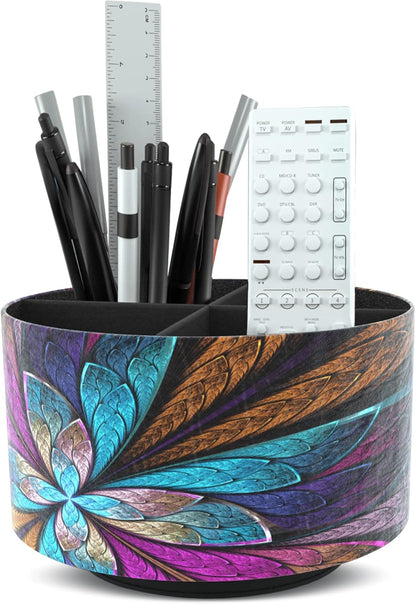 Round Leather Art Supply Organizer,Remote Control Holder,360 Degree Rotating,Multi-Functional Pencil Holder,4 Compartments Desktop Stationary Organizer(1-Fractal Flower) | Round - Colors C