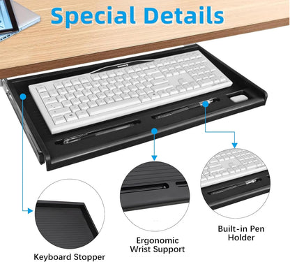 TOOCUST Under Desk Keyboard Tray, 20" Wx11"D Sturdy Key Board Tray Under Desk Slide with Pen Tray, Desk Extender with Pen Holder,Black