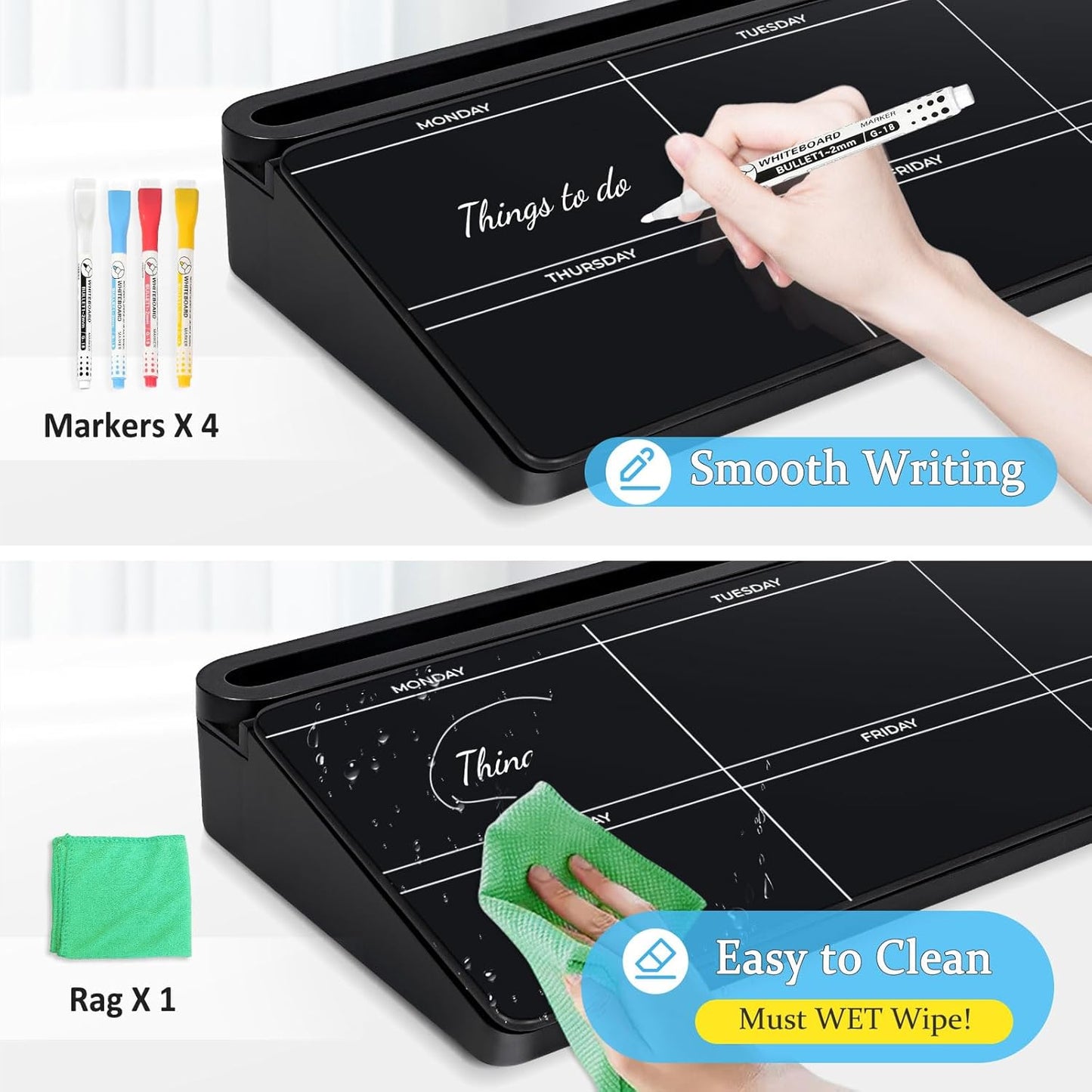DOLLAR BOSS Glass Desk Whiteboard Calendar Small Dry Erase Board Desktop White Board with Storage Drawer Computer Keyboard Stand Desk Organizer, Colorful Weekly Calendar, Black