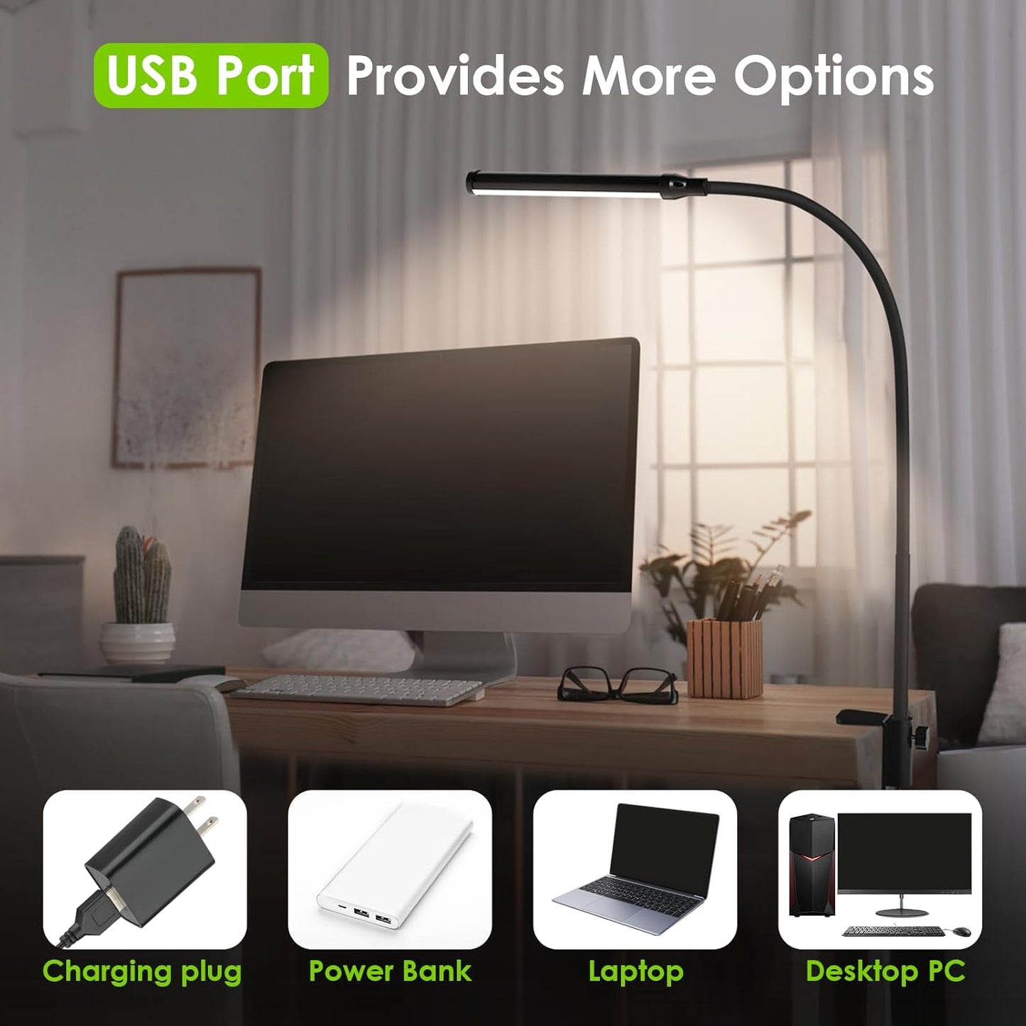 ShineTech LED Desk Lamp with Clamp, Eye-Caring Clip on Desk Light with 3 Color Modes & Stepless Dimming, 360° Flexible Gooseneck Desk Lamp for Home Office College Dorm with USB Adapter