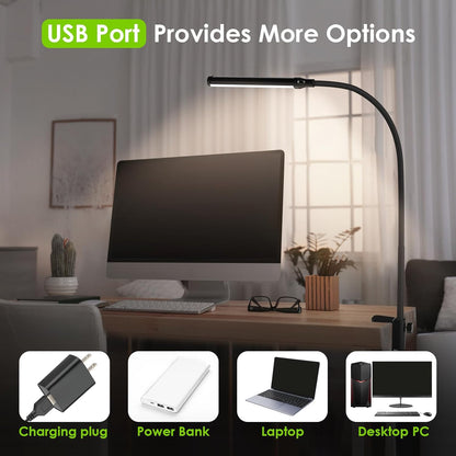 ShineTech LED Desk Lamp with Clamp, Eye-Caring Clip on Desk Light with 3 Color Modes & Stepless Dimming, 360° Flexible Gooseneck Desk Lamp for Home Office College Dorm with USB Adapter