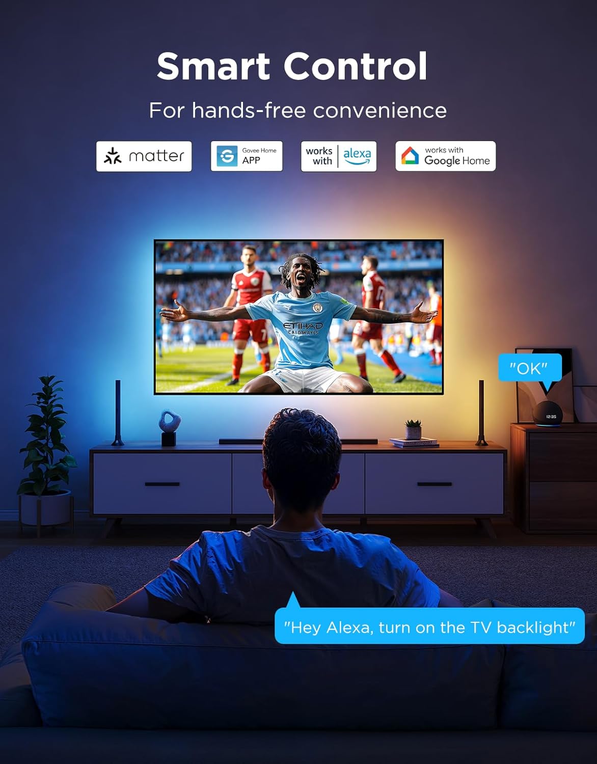 Govee TV LED Backlight 2, 14.4ft Cuttable TV Lights for 32-70 Inch TVs, Color Changing RGBWIC LED Strips Lights with 210+ Scene Modes & Music Sync, Smart APP and Voice Control, Easy Install