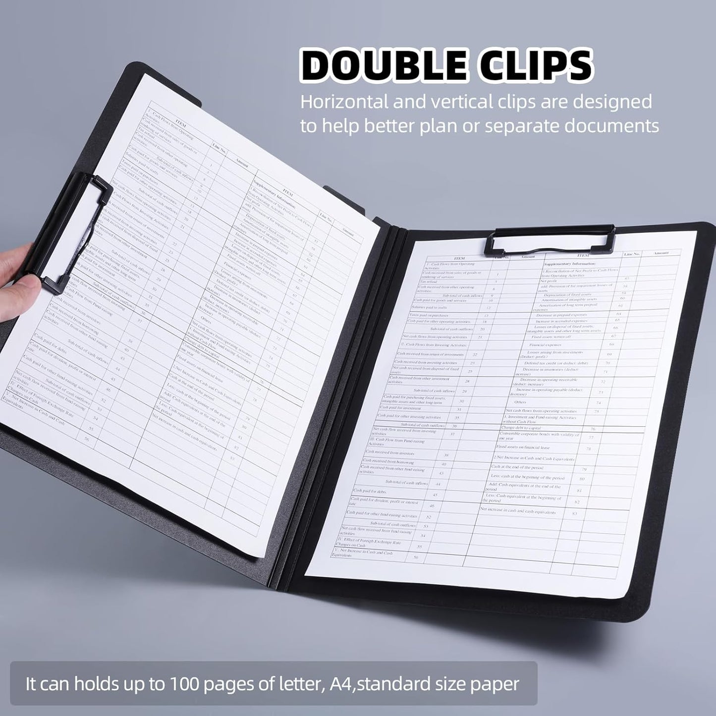 FRETONBA Clipboard Folder, A4 Foldable Clipboard with Horizontal and Vertical Double Metal Clips, 360 Degree Foldable Binder Clipboards with Pen Holder, File Cover Work Folder Clipboards, Blue