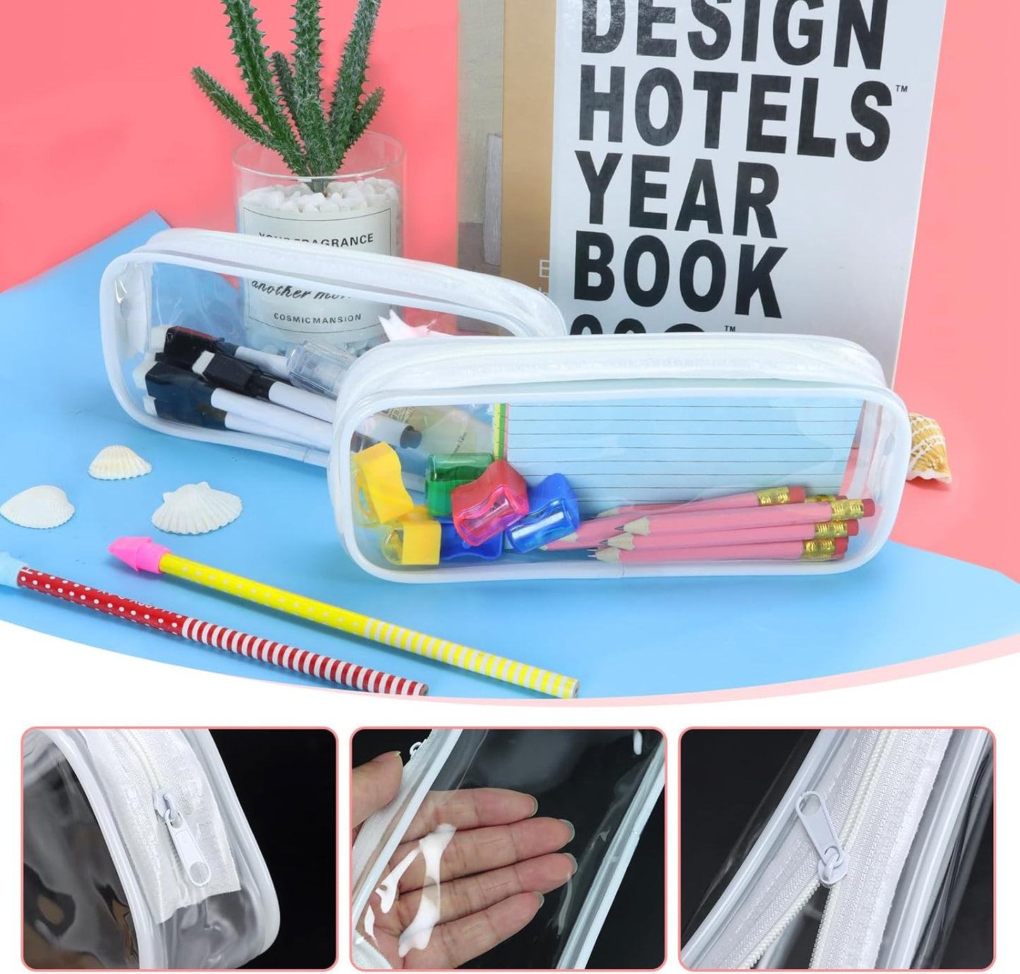 5 Pack Clear PVC Zipper Pencil Pouch, Pen Pencil Case Makeup Pouch, Large Capacity Pencil Bag for Office Stationery Travel Storage (Black)